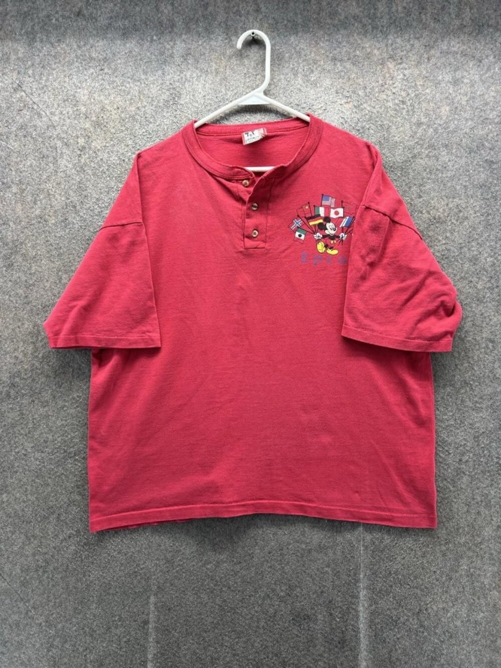 Vintage Disney Shirt Mens Large Red Epcot Mickey Mouse Flag Henley Graphic Tee